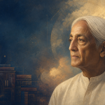 Retrato ilustrado de Jiddu Krishnamurti junto a libros