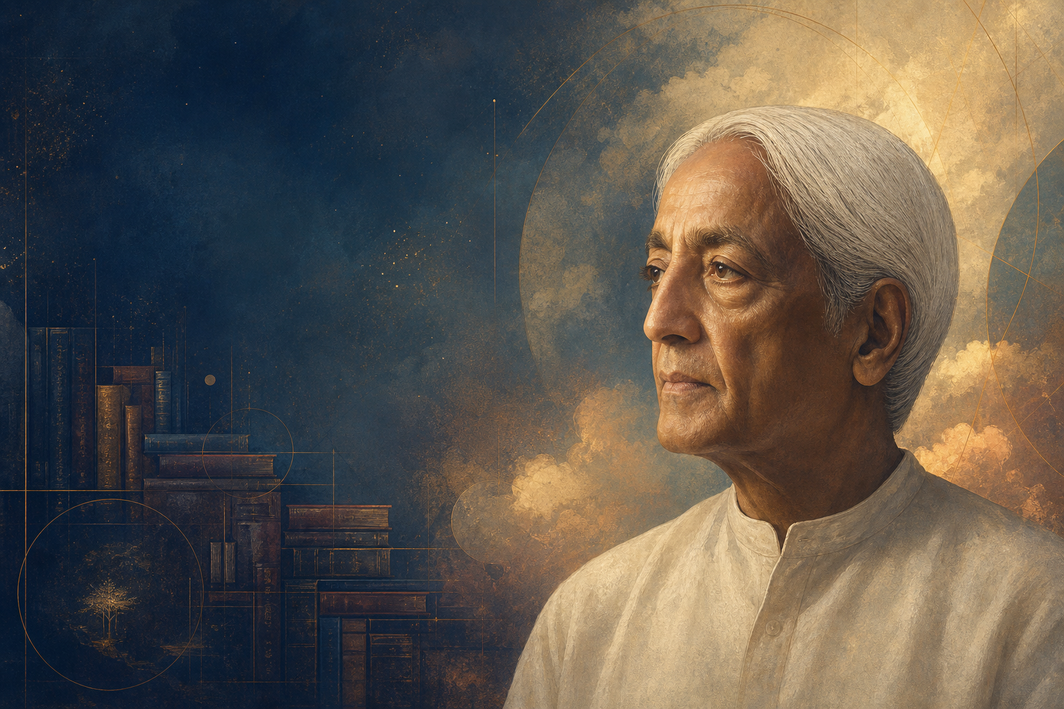 Jiddu Krishnamurti libros PDF gratis Retrato ilustrado de Jiddu Krishnamurti junto a libros