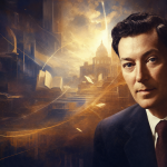 Retrato ilustrado de Neville Goddard en una biblioteca visionaria