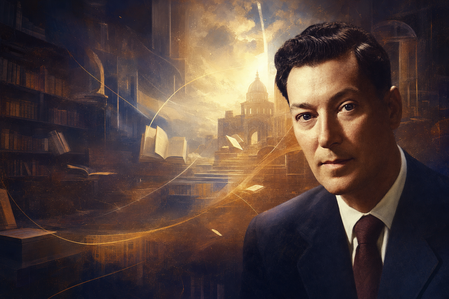 Neville Goddard libros PDF gratis Retrato ilustrado de Neville Goddard en una biblioteca visionaria
